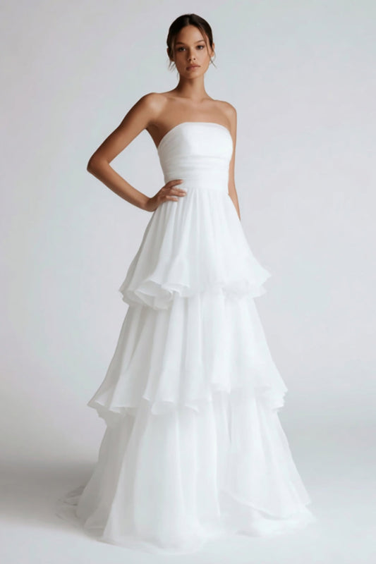 Robe de mariée longue en mousseline étagée, bustier blanc