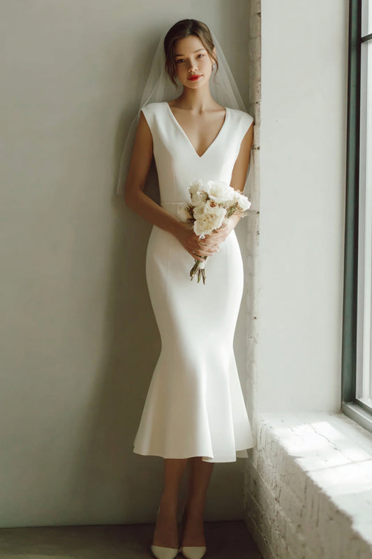Robe de mariée mi-longue sirène blanche col en V pour un mariage au tribunal