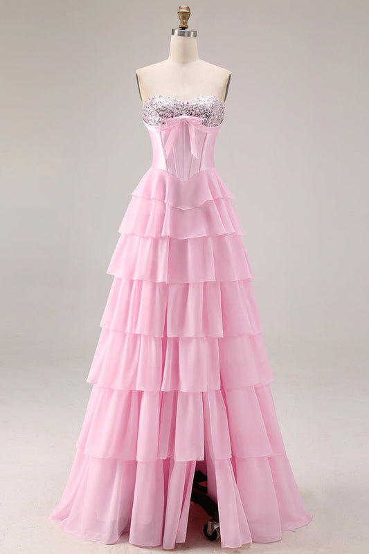 Pink Strapless A-Line Tiered Corset Sequin Long Prom Dress with Slit