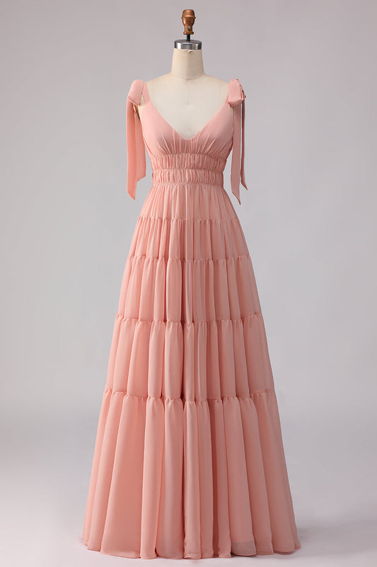Blush A Line Bow Straps Ruched Open Back Chiffon Long Bridesmaid Dress
