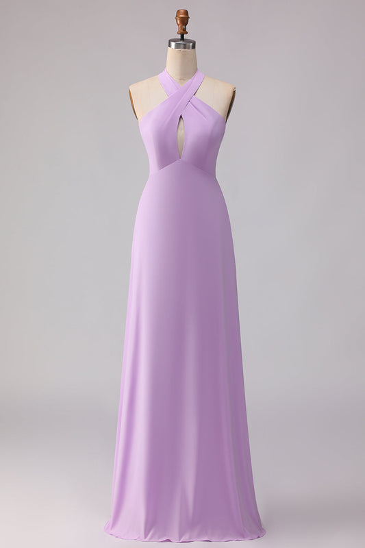 Robe longue de demoiselle d'honneur trapèze lilas en mousseline découpée à encolure dos nu