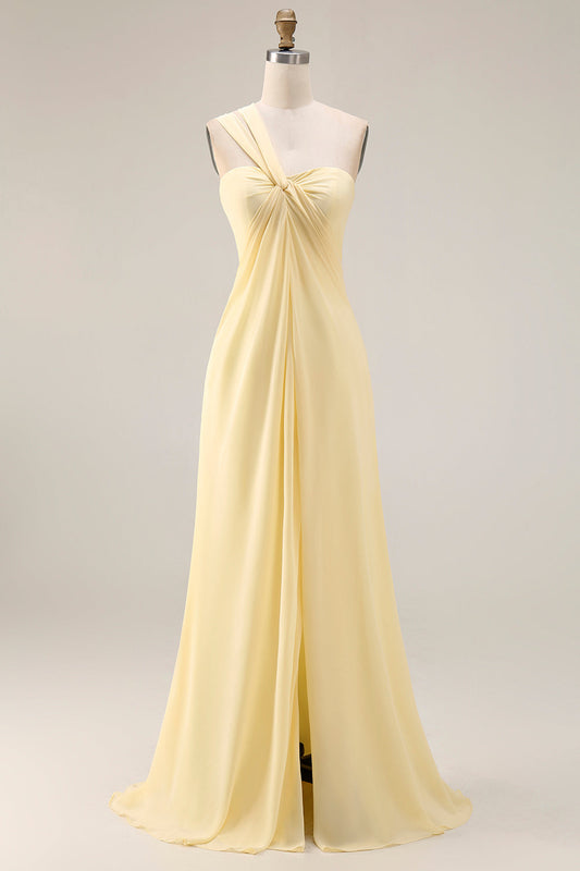 Robe longue de demoiselle d'honneur convertible en mousseline de soie coupe trapèze avec fente, coloris Sorbet Citron