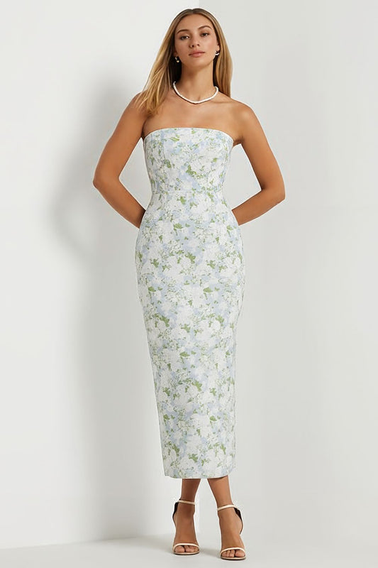 Vestido de satén largo estampado floral azul y blanco con lazo sin tirantes