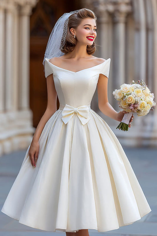Off the Shoulder Ivory Short Wedding Dress with Bow