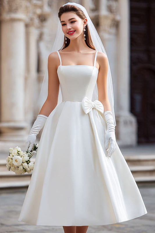 White A-Line Spaghetti Straps Midi Wedding Dress with Bow