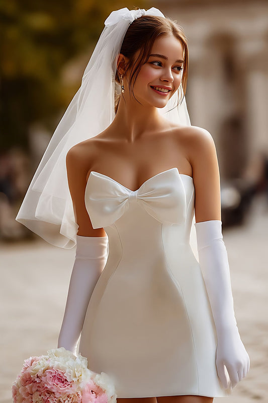 Robe de mariée courte fourreau en satin blanc avec nœud (sans gants)