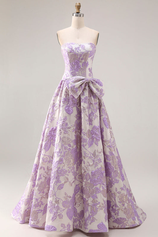 Robe de bal longue en brocart jacquard lilas bustier coupe évasée avec nœud