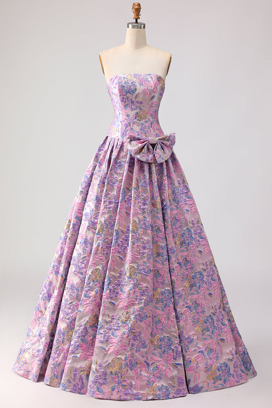 Robe de bal longue en brocart de satin jacquard lilas, coupe trapèze, bustier, drapée avec nœud
