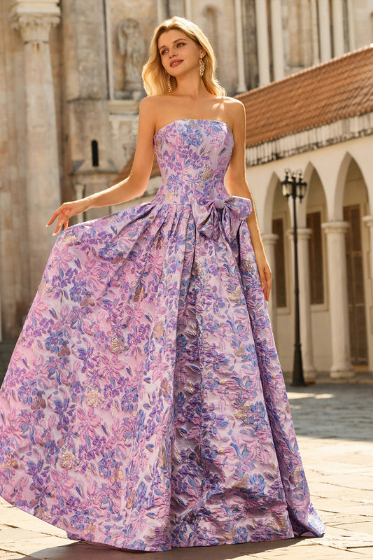 Robe de soirée longue trapèze lilas sans bretelles en satin brocart jacquard drapé avec nœud