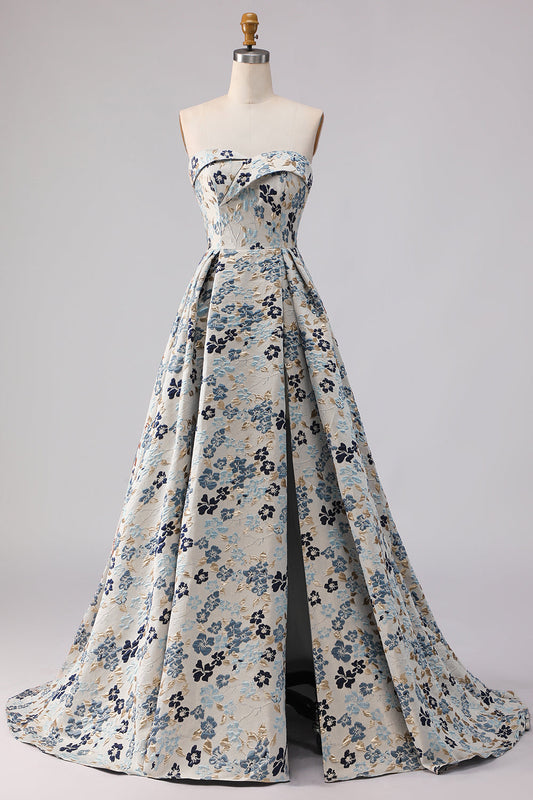 Blue Flower Strapless A-Line Printed Long Prom Dress with Slit