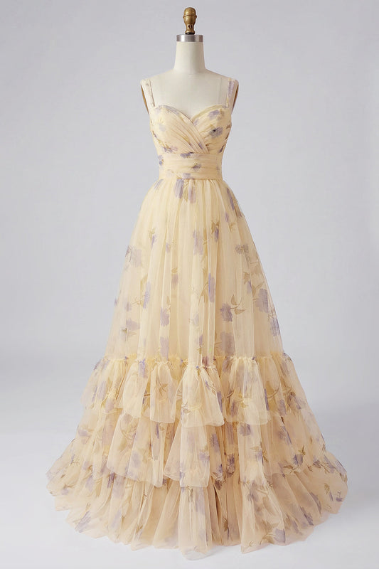Robe de bal longue évasée plissée imprimée florale jaune avec volants