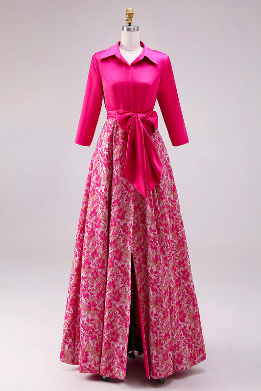 Fuchsia Floral A-Line Satin Long Mother of the Bride Dress with Bowknot