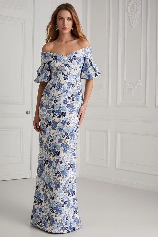 Robe longue fourreau bleu à épaules dénudées et manches courtes pour mère de la mariée