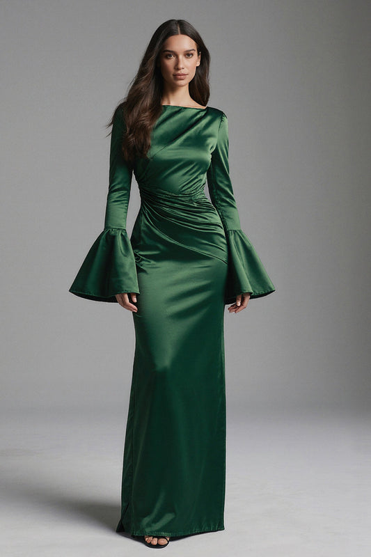Robe de soirée longue fourreau en satin vert foncé à col bateau