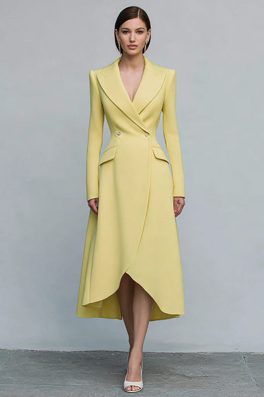 Robe de travail à manches longues évasée, col à revers cranté jaune