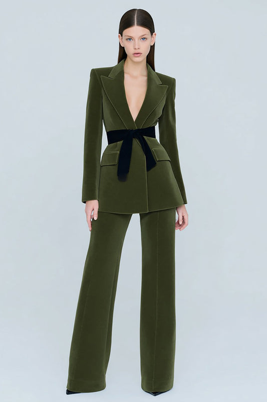 Olive Velvet Peak Lapel 2 Piece Women's Business Suits with Belt