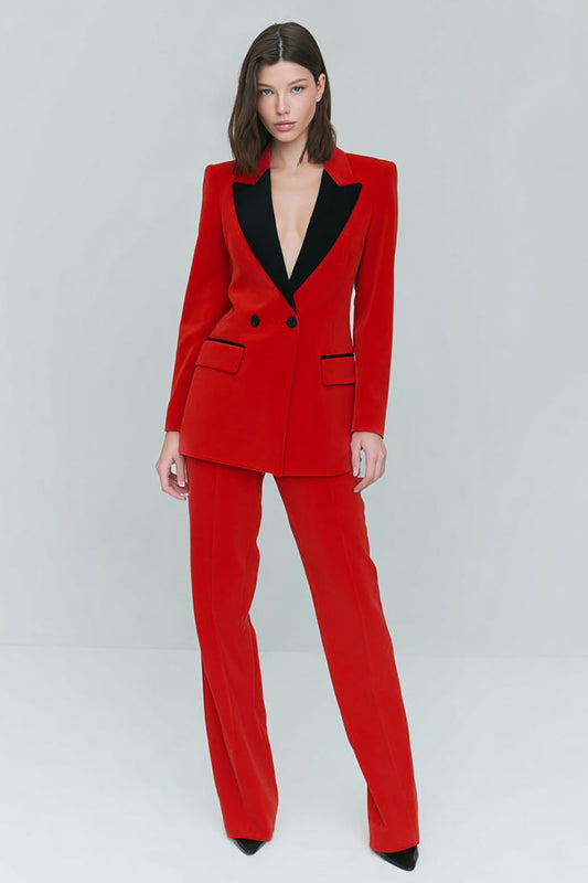 Red 2-Piece Peak Lapel Women's Business Suits