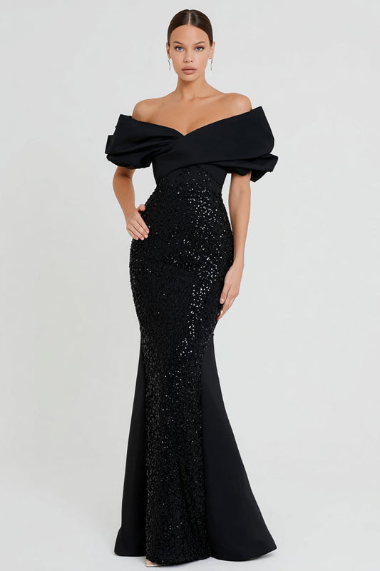 Robe longue de soirée sirène noire à paillettes, coupe Bardot
