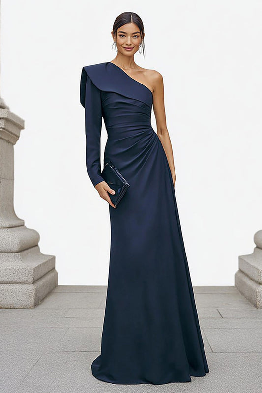 Robe de soirée longue sirène bleu marine à manches longues et une épaule