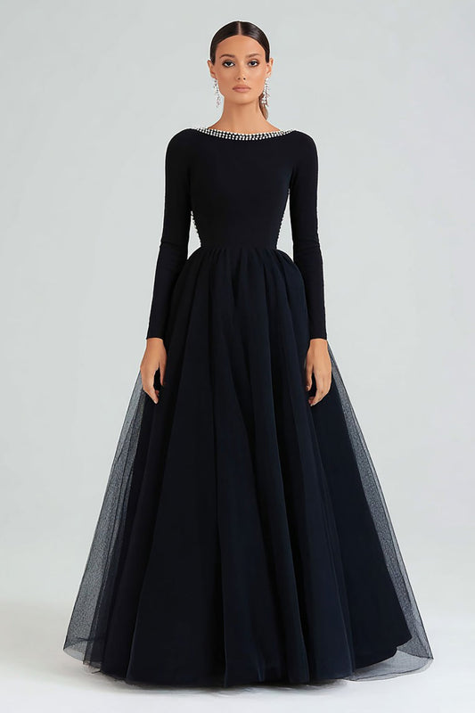 Black A Line Beaded Round Neck Long Sleeve Formal Dress