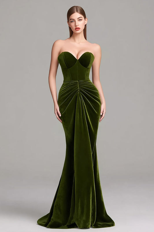 Robe de Soirée Formelle en Velours Froncé Sirène Douce Olive
