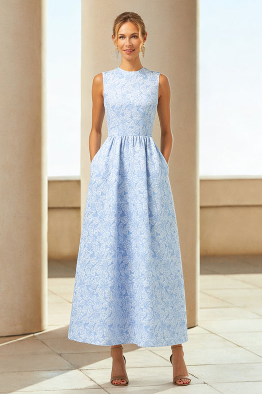 Robe longue évasée bleue en jacquard floral avec poches