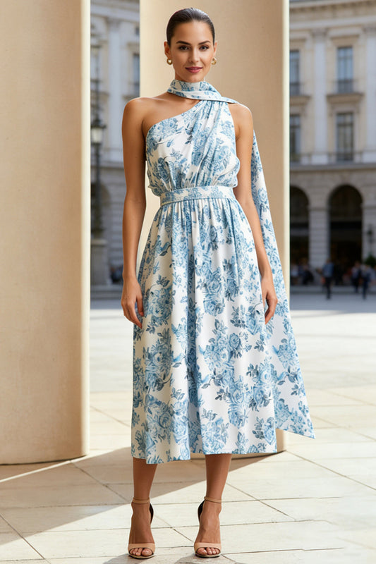 Robe convertible imprimée asymétrique ligne A avec fleur blanche et bleue et streamer