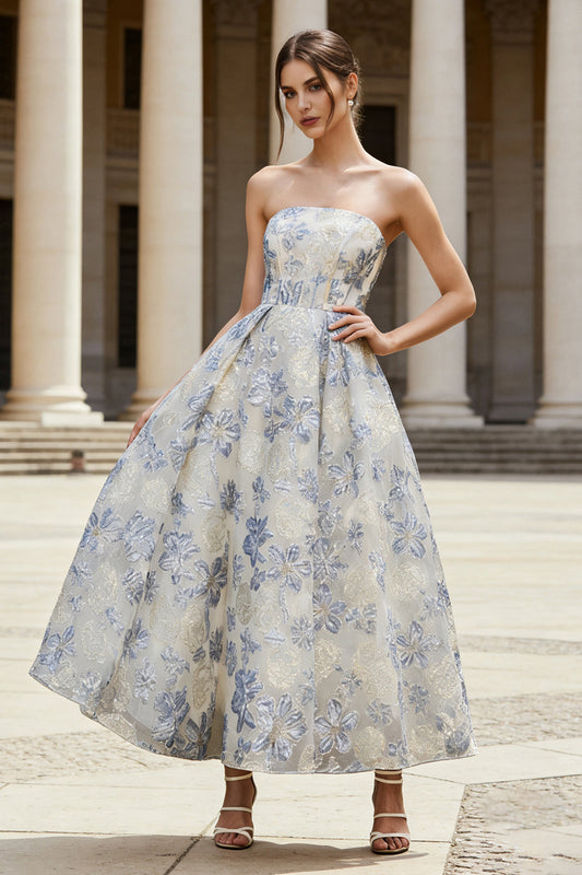 Robe midi bustier en jacquard, ligne A, bleu poudré