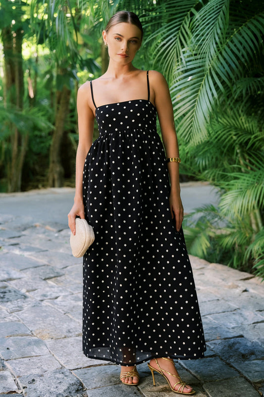 Robe longue simple en ligne A à fines bretelles, noire à pois blancs