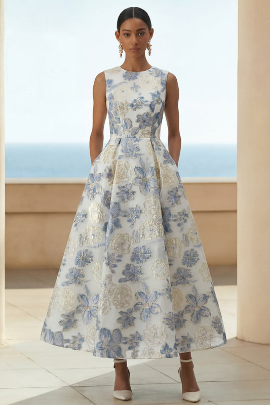 Robe longue trapèze fleurie Dusty Blue en jacquard avec poches