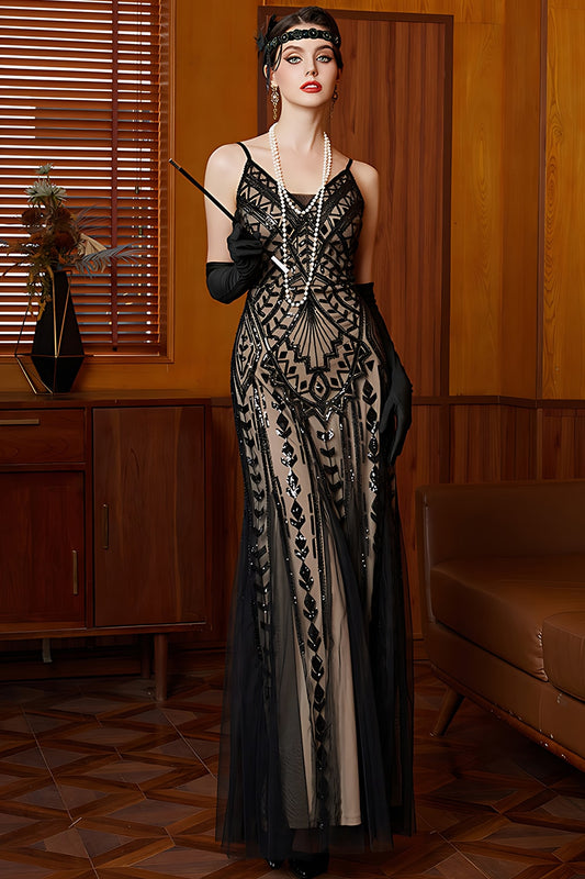 Robe longue brillante des années 20 style fourreau noir abricot à fines bretelles et paillettes