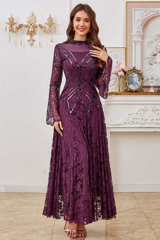 Robe de mariée pour la mère de la mariée, trapèze, violet foncé, perlée, avec manches longues