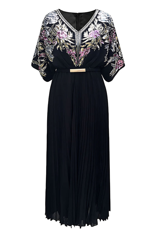 Robe Fourreau Noire Années 20 à Sequins Plissée Col V avec Ceinture