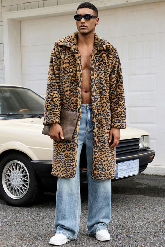 Manteau d'hiver chaud léopard jaune en fausse fourrure à devant ouvert pour homme