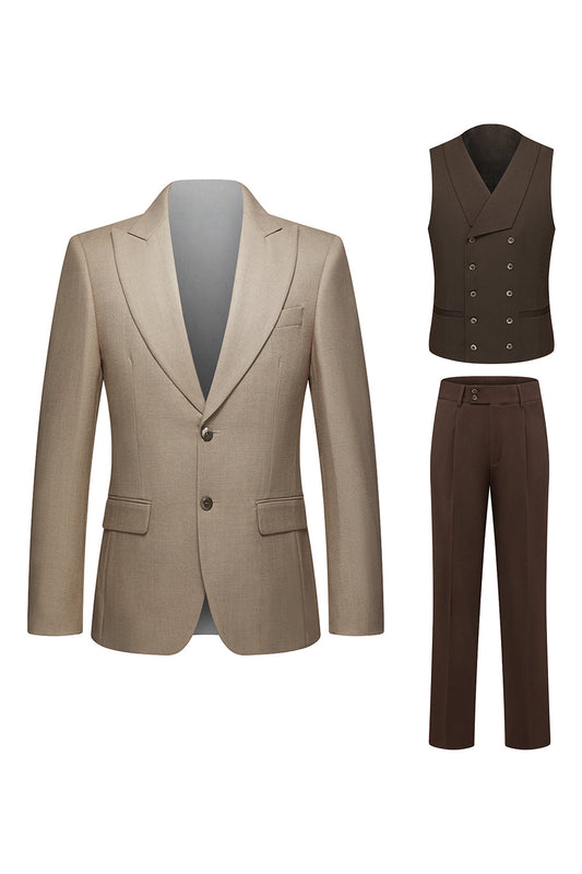 Costumes Homme 3 Pièces Revers Pointe Poitrine Simple Café Kaki