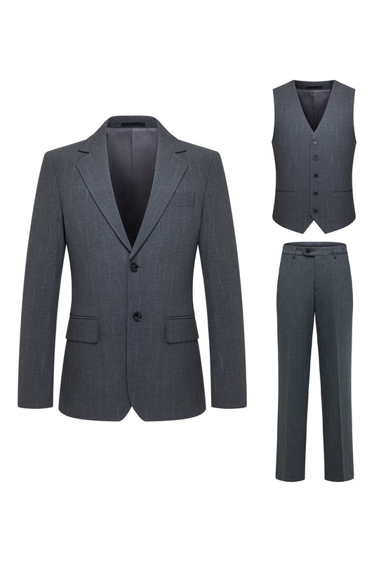 Costume 3 pièces homme gris à revers cranté et simple boutonnage