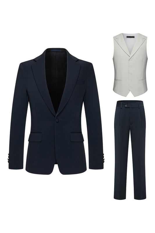 Costumes Homme 3 Pièces Slim Fit Bleu Marine Revers Cranté