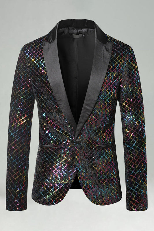 Blazer de bal pour homme à revers cranté, sequins colorés et un bouton