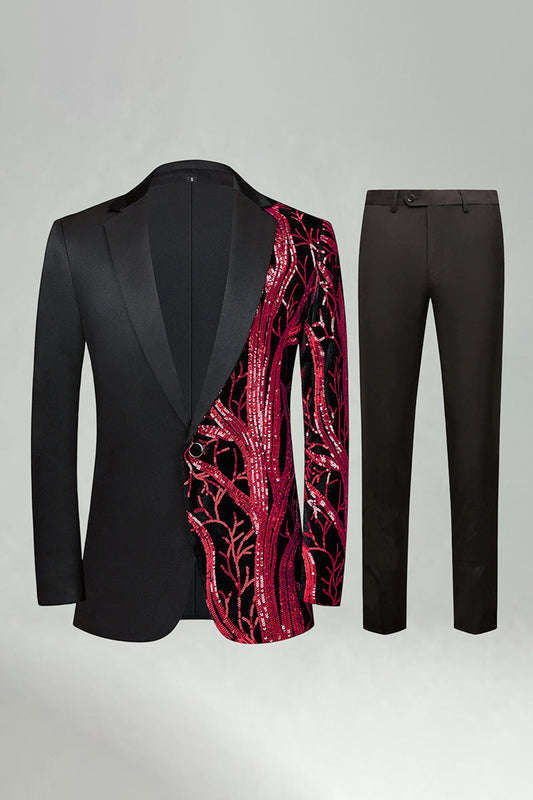 Smoking pour homme 2 pièces à revers crantés en sequins rouge foncé
