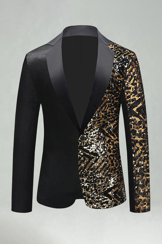 Blazer de bal à sequins noir et doré à revers crantés pour homme