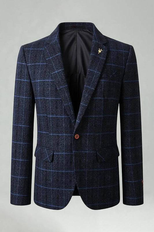 Blazer de esmoquin a cuadros con solapa de muesca azul marino para hombre