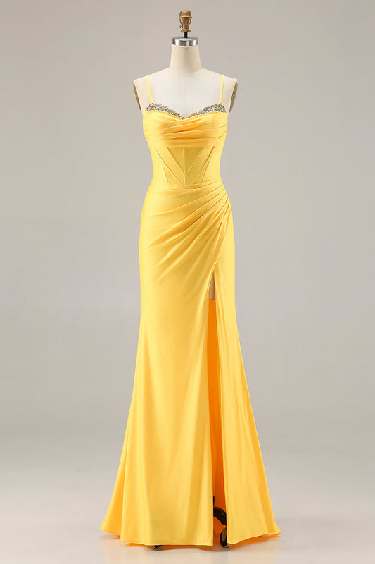 Robe de bal longue fendue corset lacé au dos, avec perles sirène, jaune pailleté