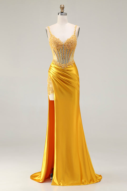 Robe de soirée longue sirène fendue jaune étincelante avec corset à sequins et strass