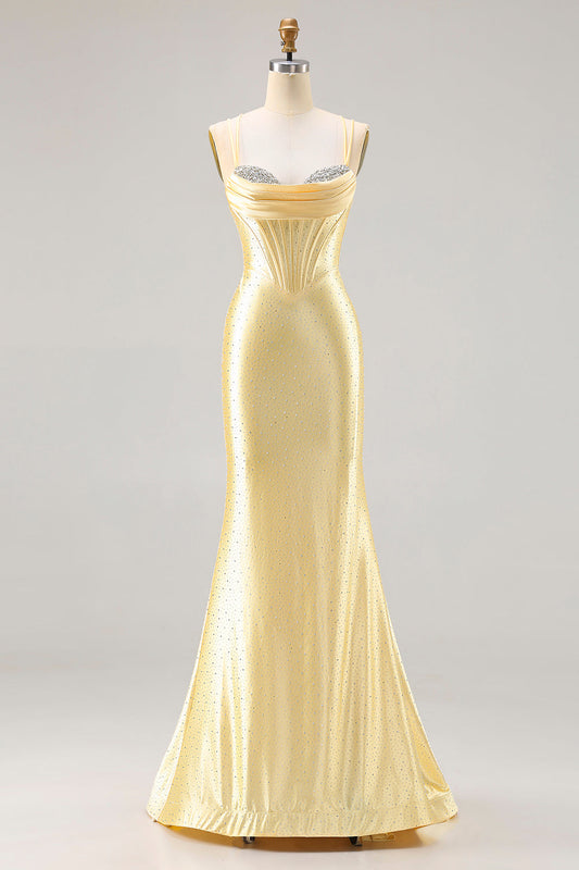 Robe de bal sirène longue corset perlé jaune clair avec dos lacé