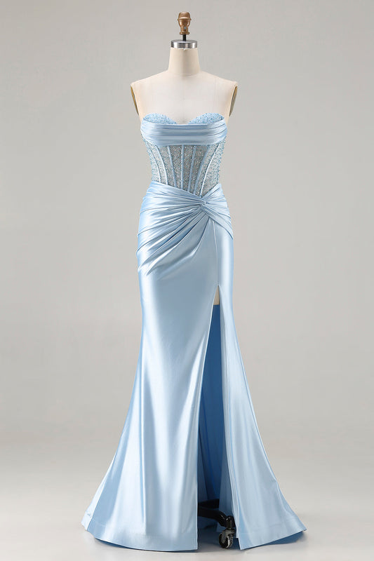 Strapless Mermaid Sky Blue Corset Beaded Long Prom Dress with Slit