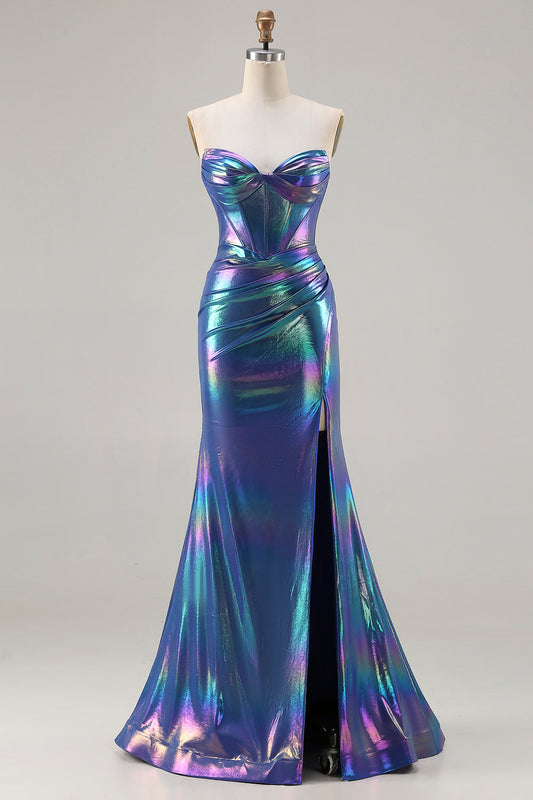 Robe de bal longue bustier sirène bleu marine métallisé avec fente