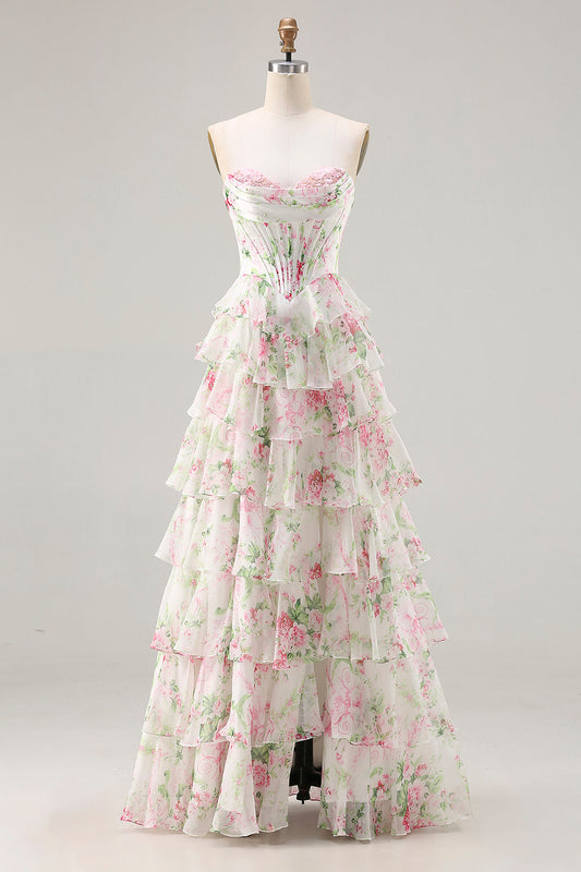 Pink Floral Sweetheart Corset Tiered A-Line Long Corset Prom Dress with Slit