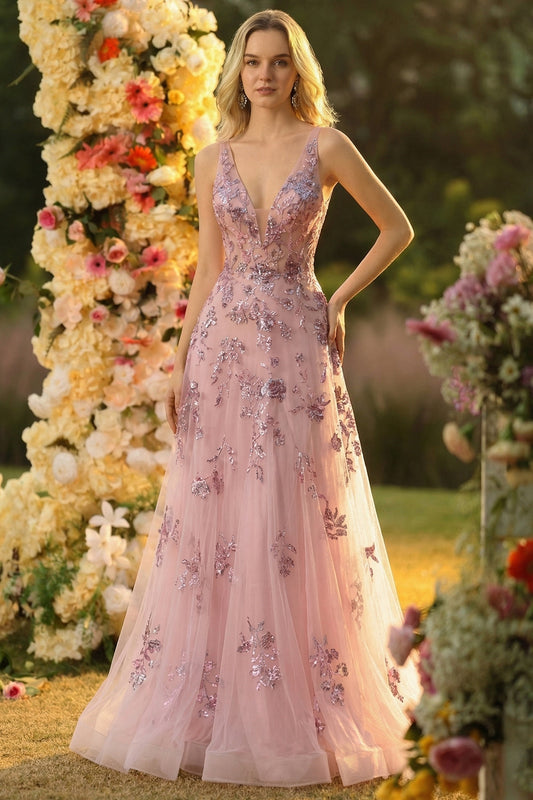 Blush A Line V-Neck Backless Long Prom Dress with Sequins