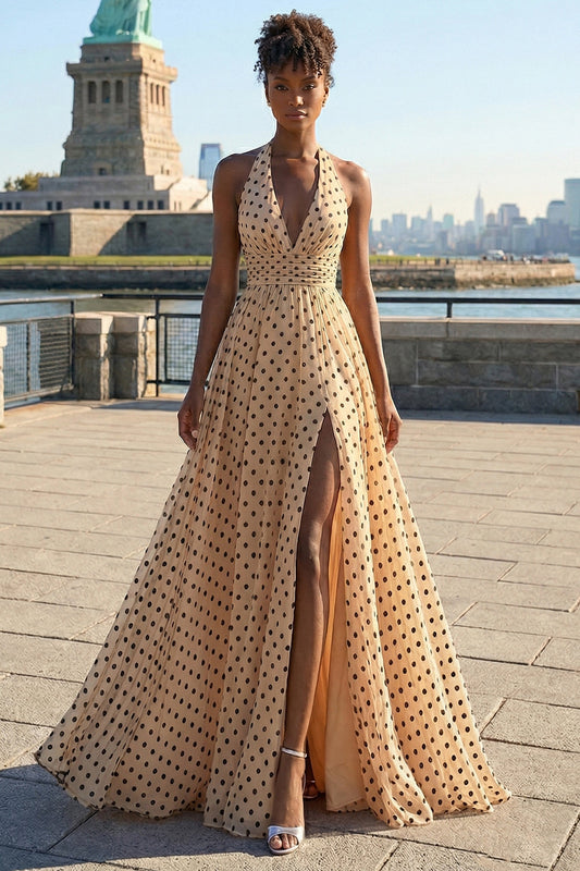 Apricot Black Dot A-Line Halter Bowed Long Prom Dress with Slit