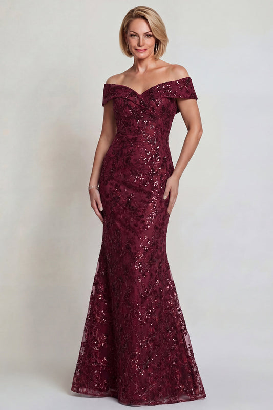 Robe de mère de la mariée sirène bordeaux scintillante à épaules dénudées avec paillettes